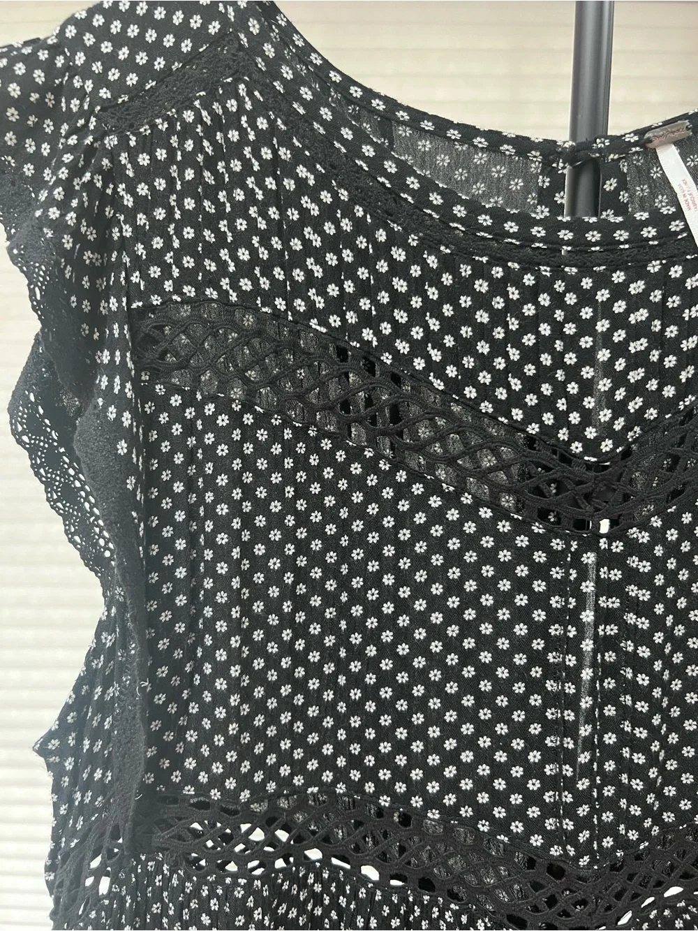 Free People Black & White Floral Lace Trim Tiered Mini Dress - Picture 4 of 7